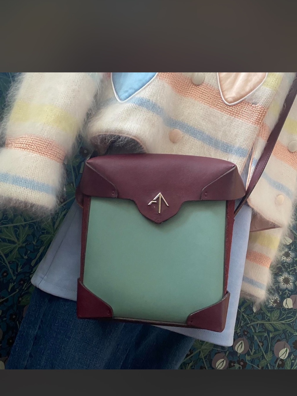 Manu Atelier Pristine sea foam and Burgundy Leather Crossbody Bag